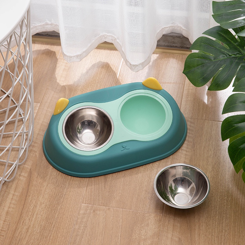 Bát Ăn Đôi Cho Chó Mèo Hình Tai Mèo Kèm 2 Tô Inox