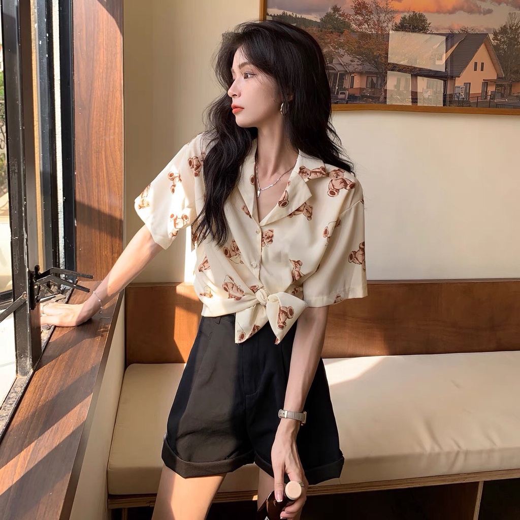 Áo sơ mi công sở nữ bigsize 4xl Hàn Quốc họa tiết đáng yêu ngắn tay form rộng tay lỡ kiểu dáng Ulzzang DK8T202