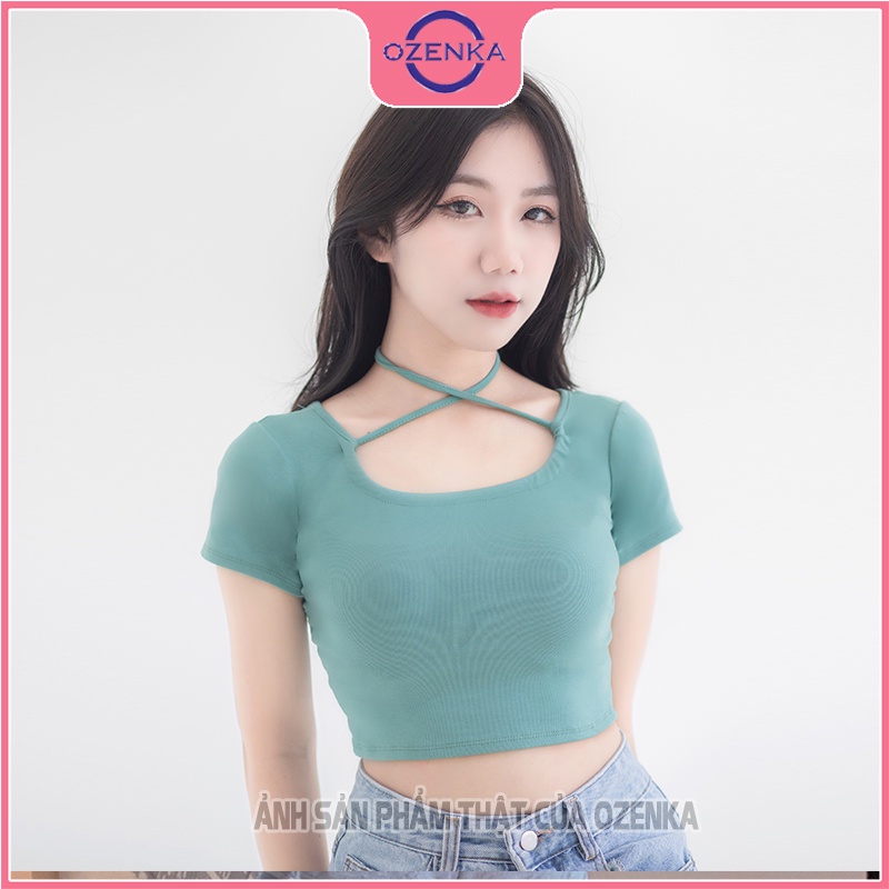 Áo croptop nữ cổ vuông tay ngắn kiểu sexy buộc dây ôm OZENKA , ao crt thun 100% cotton nhiều màu mặc trễ vai dưới 55 cân