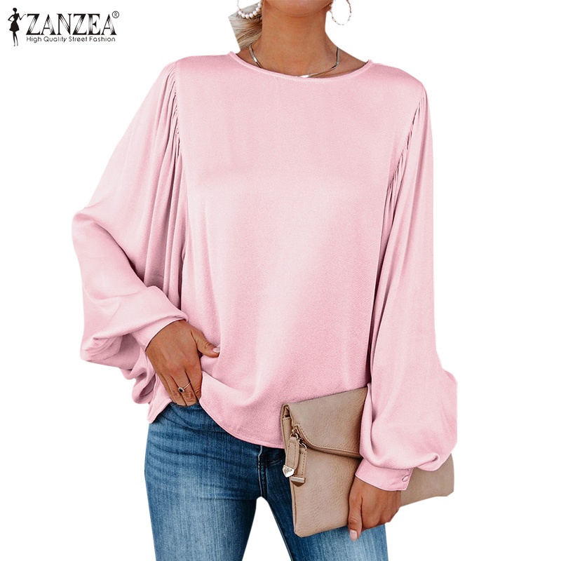 Áo kiểu Zanzea vải satin cổ tròn tay phồng dáng rộng thời trang dành cho nữ