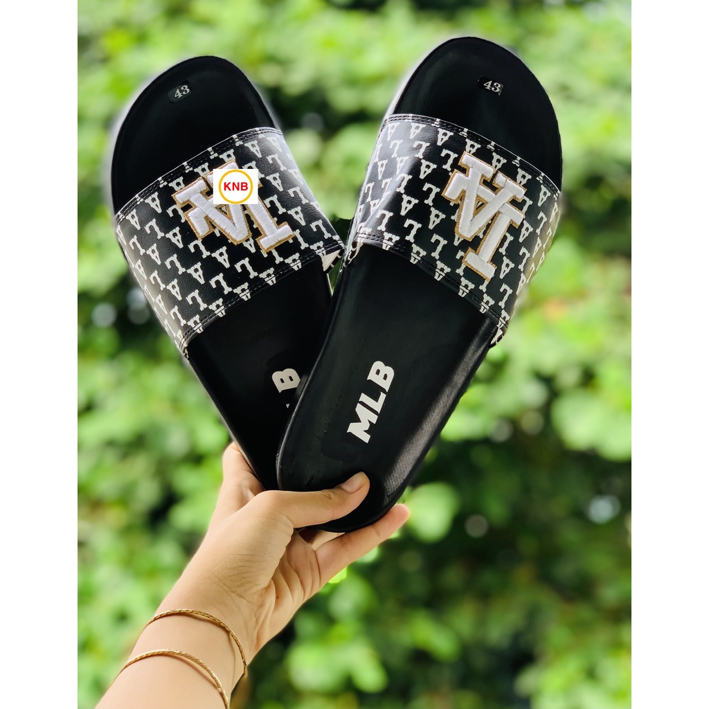 Dép 𝐌𝐋𝐁 UNISEX mẫu dép thể thao ❤️Freeship + Hộp ❤️ Dép LA bóng chày quai ngang nam nữ chữ thêu nỗi kèm tag mác full đen