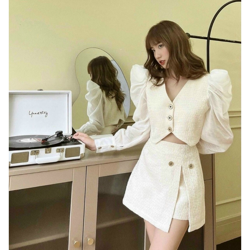 Set croptop bố tweed phối tay voan và chân váy đắp chéo mẫu mới đi chơi chụp hình đi tiệc