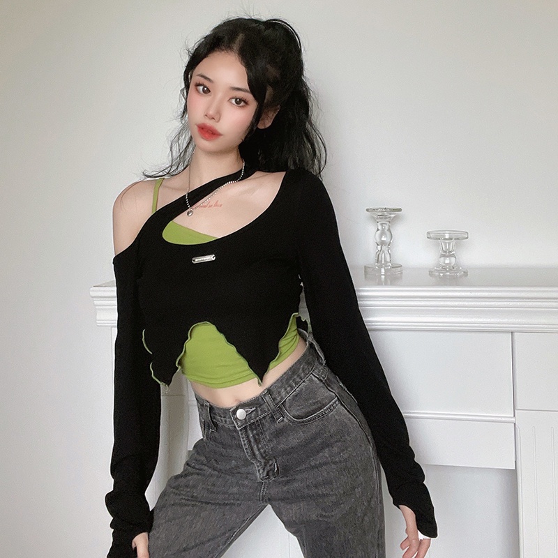 Set áo thun tay dài trễ vai phối áo hai dây độc đáo cá tính thời trang mùa thu cho nữ