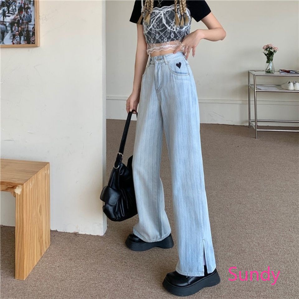 Quần Jean Dài Eo Cao Ống Suông Thiết Kế Phong Cách Hàn Quốc Ngọt Ngào Thời Trang Mùa Thu Dành Cho Nữ