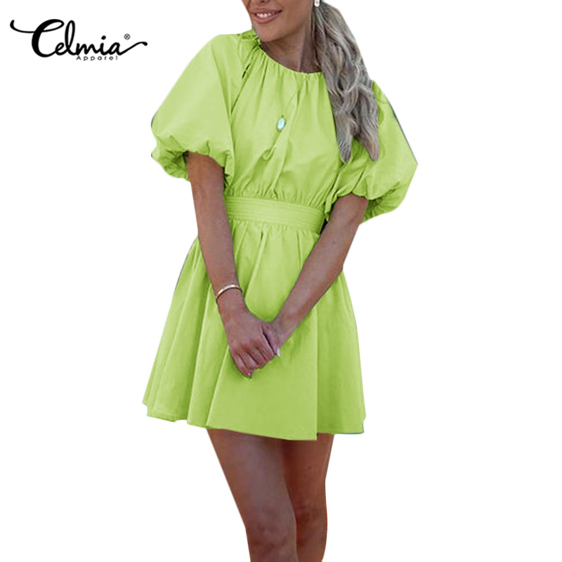 Celmia Women Puff Short Sleeve Solid Color Party Loose Sexy Short Dress
