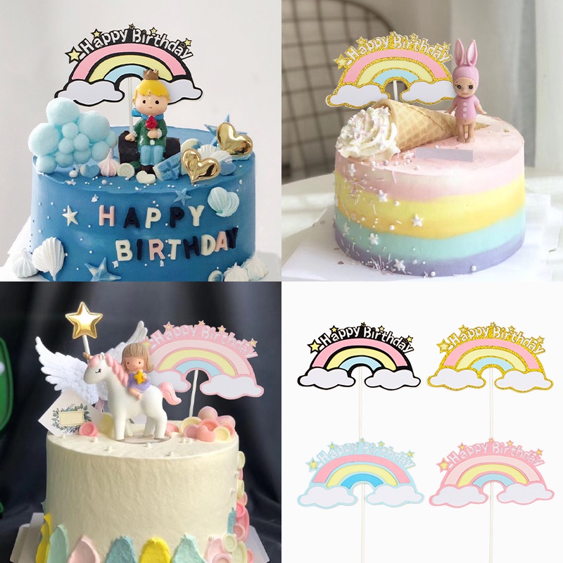 Phụ kiện cắm trang trí bánh kem hình cầu vồng và đám mây với chữ Happy Birthday xinh xắn