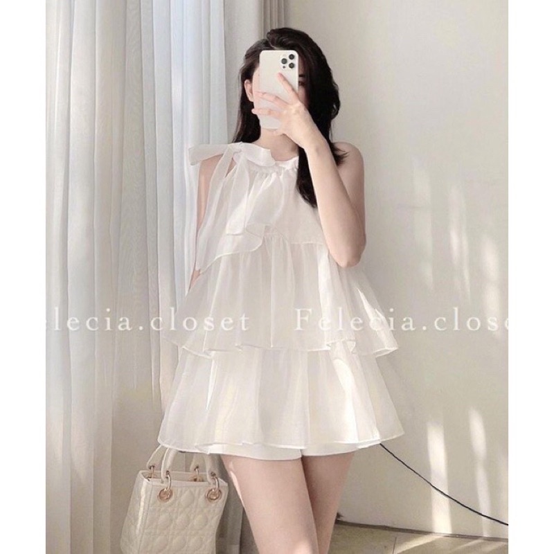 Áo Váy Voan Tơ 3 Tầng Cổ Yếm Điệu Đà Thắt Nơ Xinh