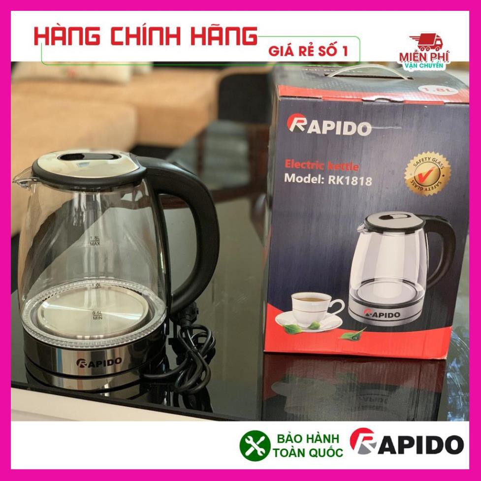 ẤM SIÊU TỐC, BÌNH ĐUN SIÊU TỐC THỦY TINH RAPIDO RK1818 1,8 LÍT, THÂN BÌNH LÀM BẰNG THỦY TINH TRONG SUỐT, TỰ NGẮT KHI SÔI