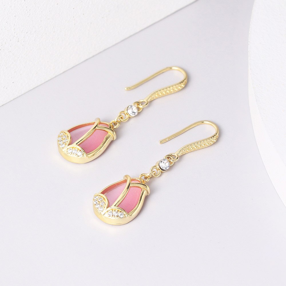 ZHOUYANG Bông tai thả cổ điển cho phụ nữ Phong cách Hàn Quốc Màu hồng hồng Opal Xỏ khuyên Bông tai Đám cưới Món quà Giáng sinh Bán buôn đồ trang sức E047