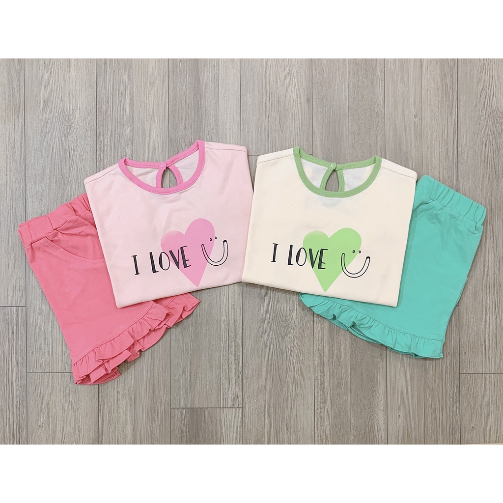 Bộ cotton bé gái xuất Hàn petite chữ love phối bèo
