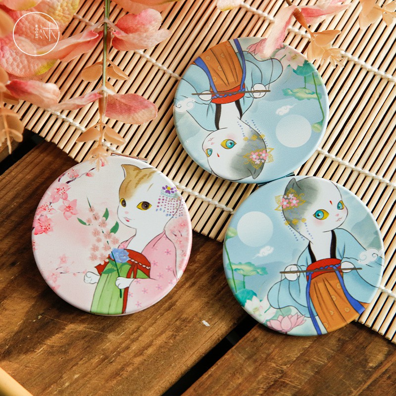 Gương trang điểm cầm tay hai mặt gấp được, mèo quý phái