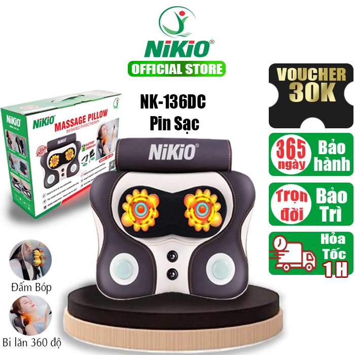 Gối Massage cổ vai gáy đấm bóp, xoa bóp Nikio NK-136DC Đèn hồng ngoại Pin Sạc