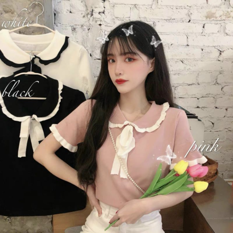 Áo len motoghi cổ viền nơ hàng QC