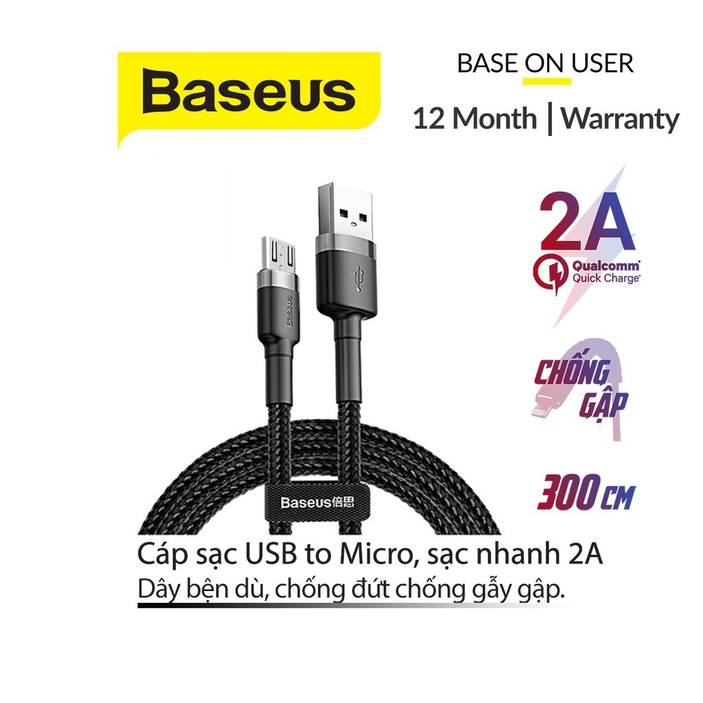 Cáp sạc nhanh đồng bộ dữ liệu Baseus Cafule Micro dây bện dù dài 1M/2M/3M cho Android