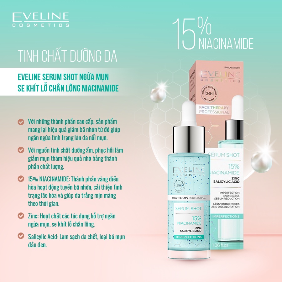 [Tặng nước tẩy trang 100ml] Tinh chất dưỡng da Eveline Serum Shot ngừa mụn, se khít lỗ chân lông Niacinamide 30ML