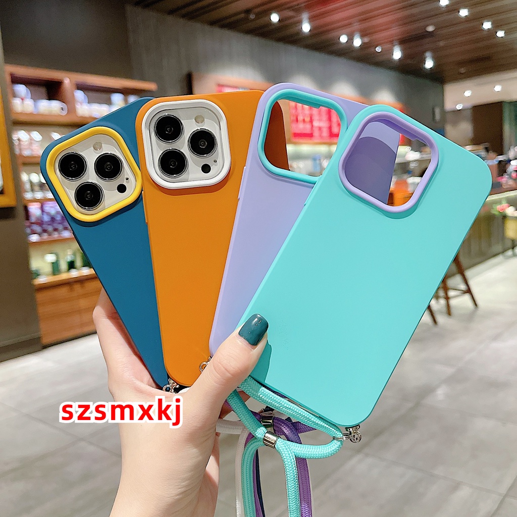Ốp Điện Thoại Silicone Lỏng Ba Trong Một + Dây Đeo Cho Iphone 11 12 13 14Pro Max XR X XS 7 8 Plus