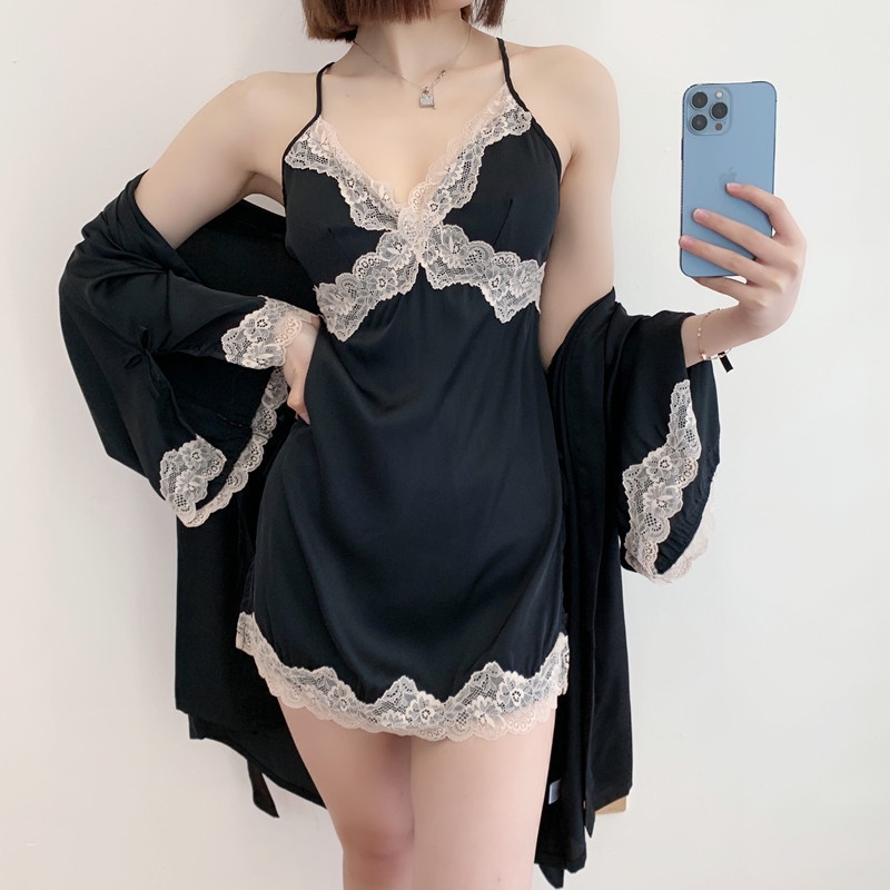 Đầm Ngủ Lụa Phối Ren Có Miếng Đệm Ngực Thiết Kế Quyến Rũ Cho Nữ