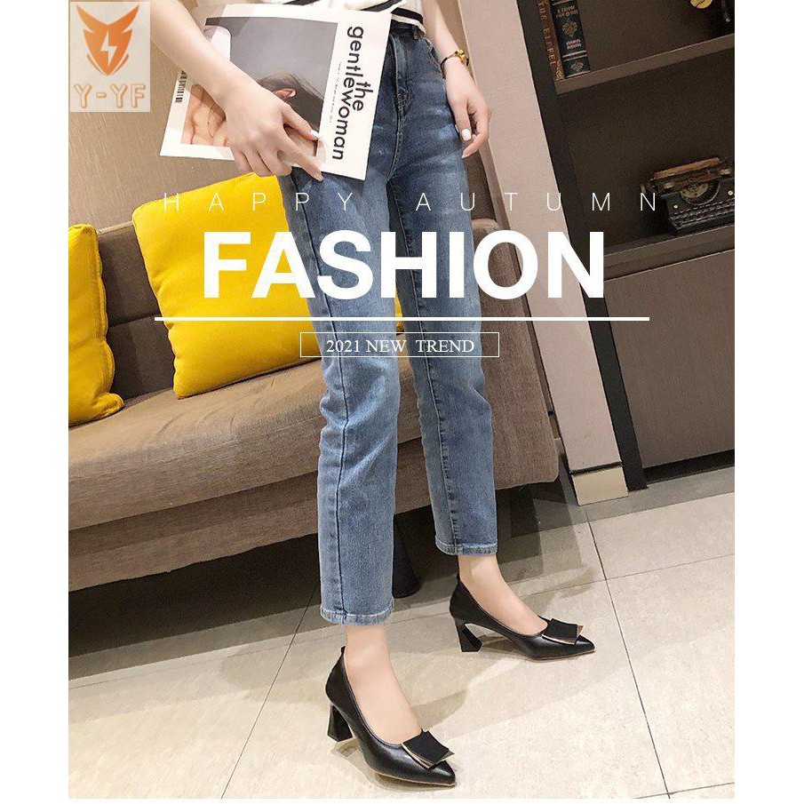 [High quality]Pointed shoes women's spring 2021 new fashion all-match thick-heeled metal decorative shallow French temperament high heels