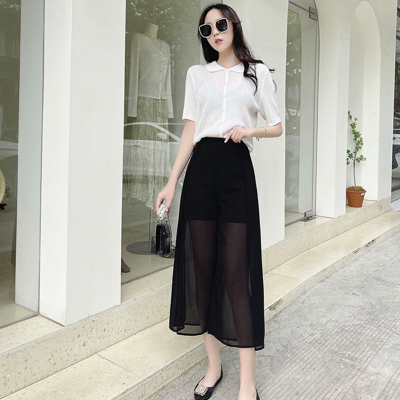 Quần Dài Ống Rộng Vải Voan Mỏng Eo Cao Xẻ Tà Kiểu Hàn Quốc Thời Trang Cho Học Sinh