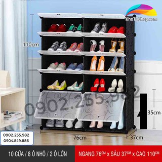 Tủ giầy nhựa lắp ghép 8 ô nhỏ, 2 ô lớn để bốt, có cửa, thân đen vân
