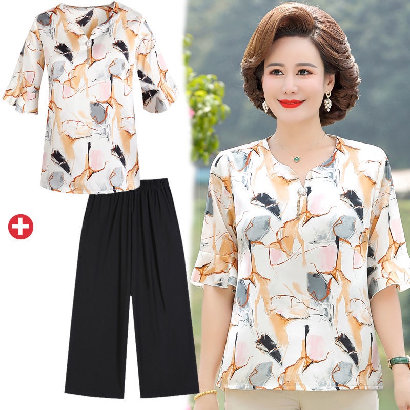Váy mẹ mùa hè phù hợp với áo sơ mi voan cho người trung niên và cao tuổi ngắn tay quần trên của phụ nữ hai mảnh