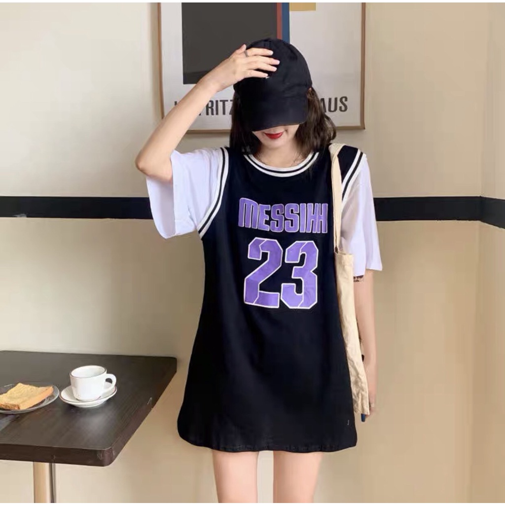 Áo thun tay lỡ Unisex form rộng Bóng rổ phối tay MESSIIHH 23 Freesize dành cho nam nữ Molly Fashion