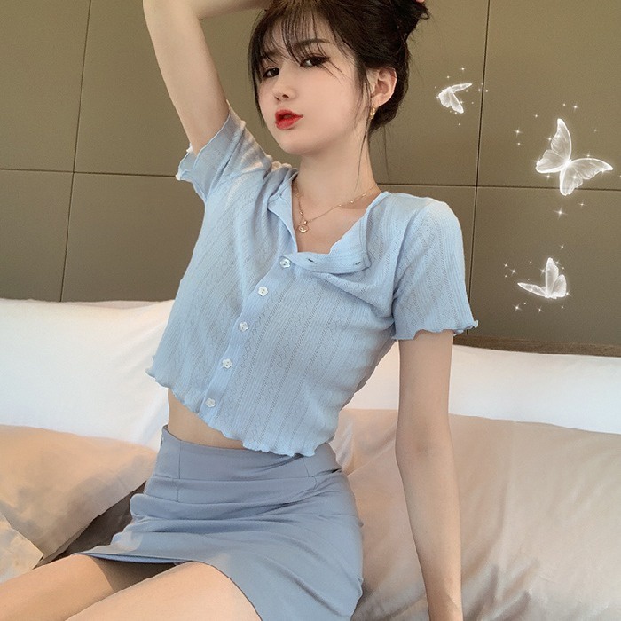 【ZHELIHANGFEI】 / Áo Cardigan Dệt Kim Lụa Lạnh Tay Ngắn Nhẹ Nhàng Phong Cách Pháp Thời Trang Mùa Hè Cho Nữ