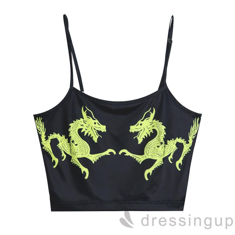 Áo tank top hai dây in hình rồng màu đen ôm dáng phong cách Trung Hoa cho nữ size S/ M/ L