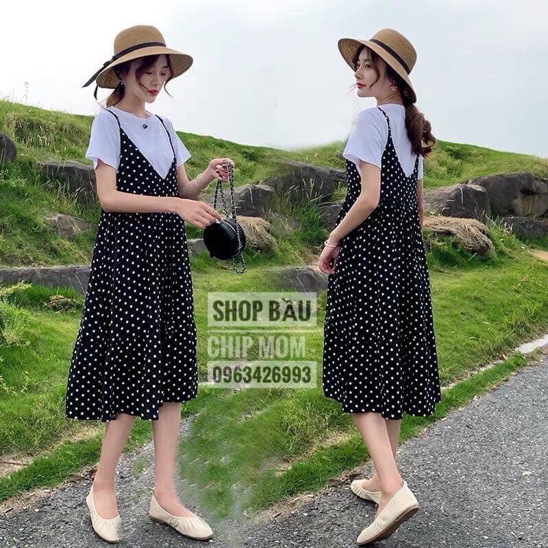 Set Yếm + Áo Bầu Chấm Bi Cực Trẻ Xinh Nhẹ Nhàng