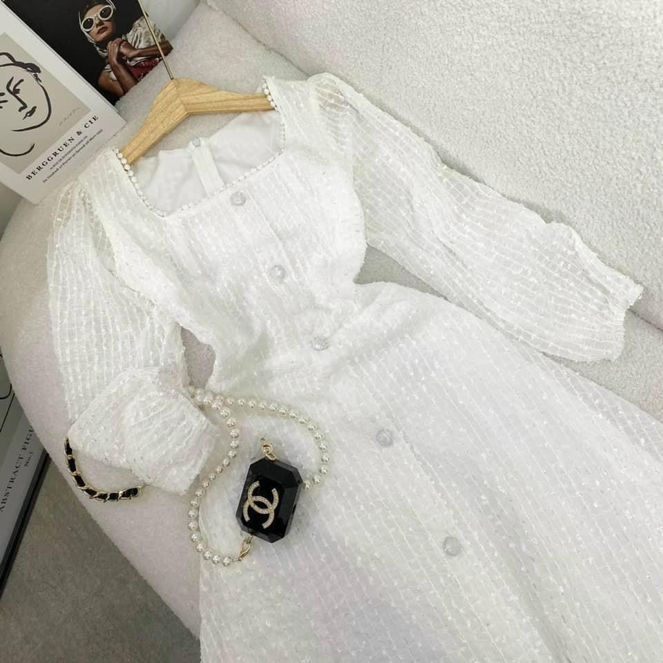 Váy Midi Trắng Cổ Vuông Tay Phồng Dáng Dài Lona Store | BigBuy360 - bigbuy360.vn