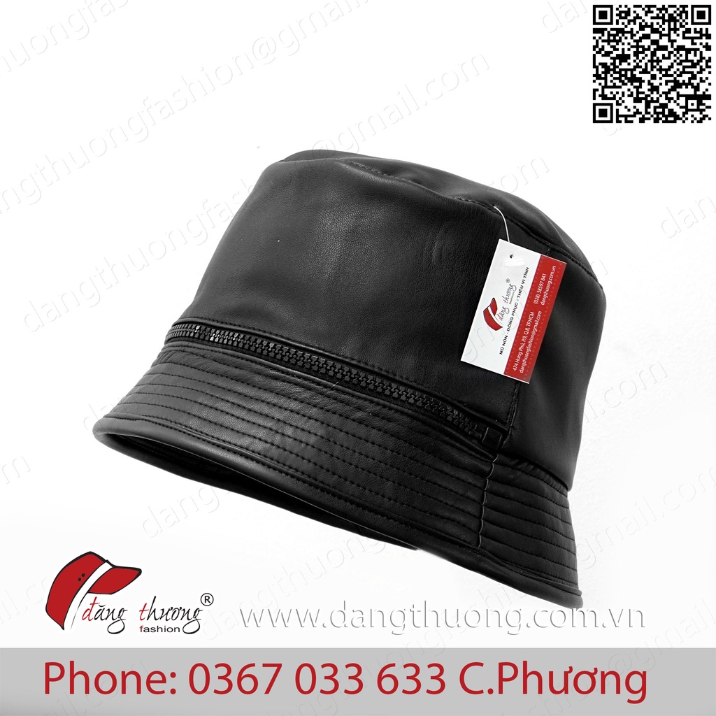 Mũ nón bucket Da Pu đen phối dây kéo bucket zipper