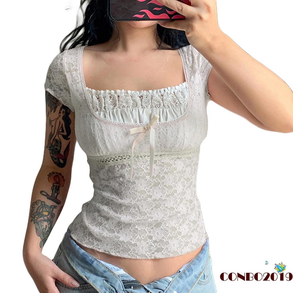 Áo Thun Crop Top Tay Ngắn Cổ Vuông Phối Ren Thời Trang Mùa Hè Cho Nữ