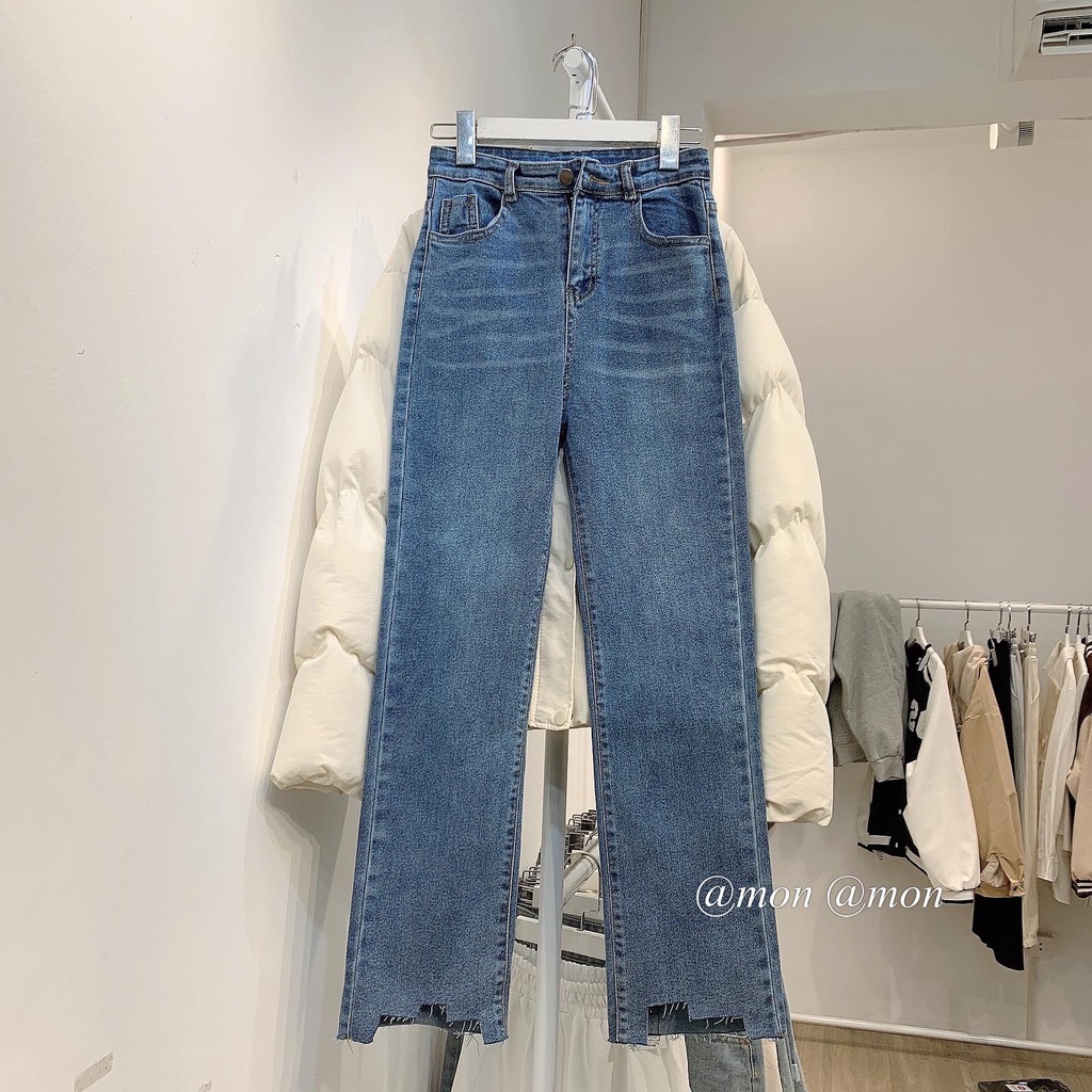 210793 Quần jeans cắt gấu, quần jeans ống đứng nữ chất dày dặn co giãn tốt | BigBuy360 - bigbuy360.vn