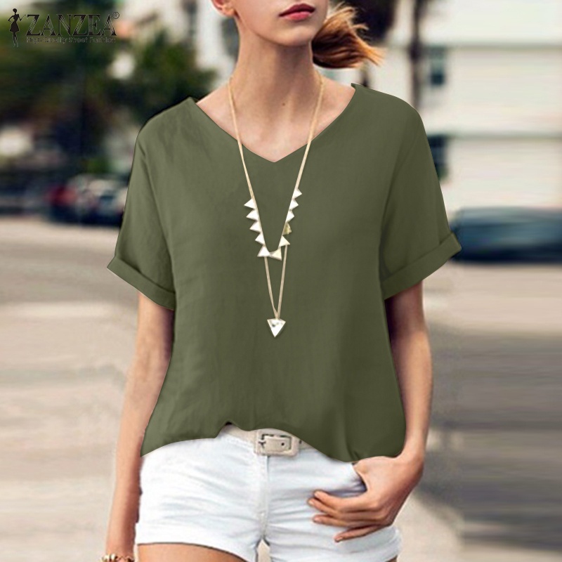 Áo kiểu ZANZEA từ cotton tay ngắn cổ chữ V dáng rộng màu trơn tùy chọn thời trang cho nữ