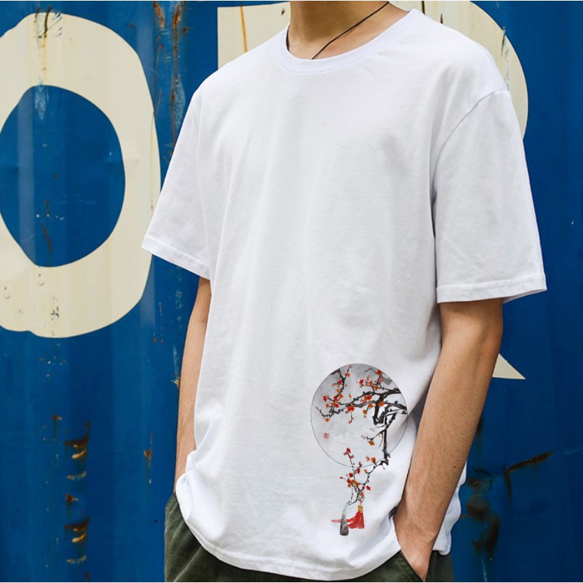 Áo thun trắng tay lỡ form rộng unisex nam nữ Hoa Phong Đỏ, Áo phông rộng basic phong cách oversize streetwear