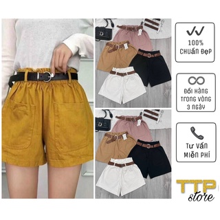 Quần short kaki lưng cao bẻ lai kèm dây nịt - quần short nữ ttp store
