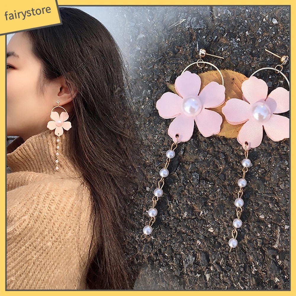 Khuyên Tai Dáng Dài Đính Hoa Và Ngọc Trai Nhân Tạo Thời Trang