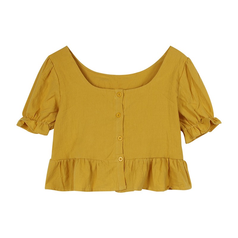 Women's French Square Neck Puff Sleeve Crop Tops Loose Fashion Summer Solid Short Sleeve Ruffles Blouse | BigBuy360 - bigbuy360.vn