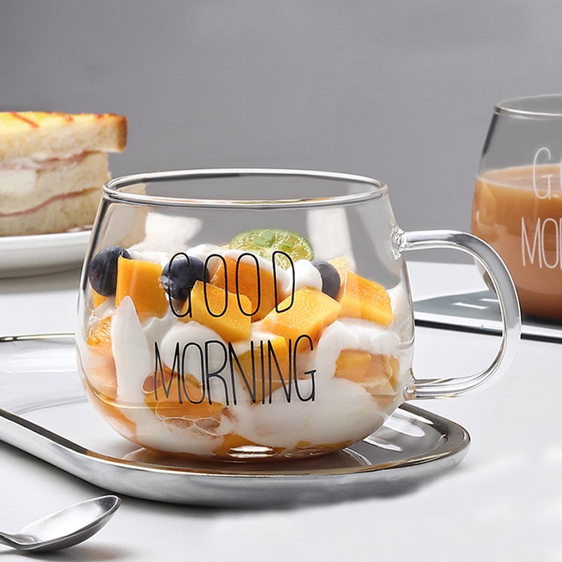 Cốc Thủy Tinh Trong Suốt In Chữ GOOD MORNING Có Tay Cầm Sáng Tạo Dùng Để Uống Cà Phê/Trà/Sữa