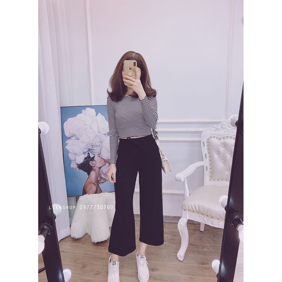 SET ÁO CROPTOP KẺ VIỀN BÈO DÀI TAY MIX QUẦN CULLOTES DÀI