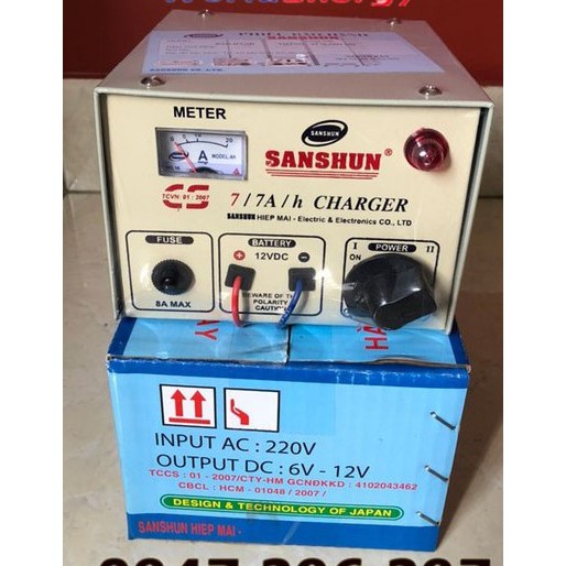 Sạc bình ắc quy 6V hoặc 12V Sanshun 7Ah chính hãng