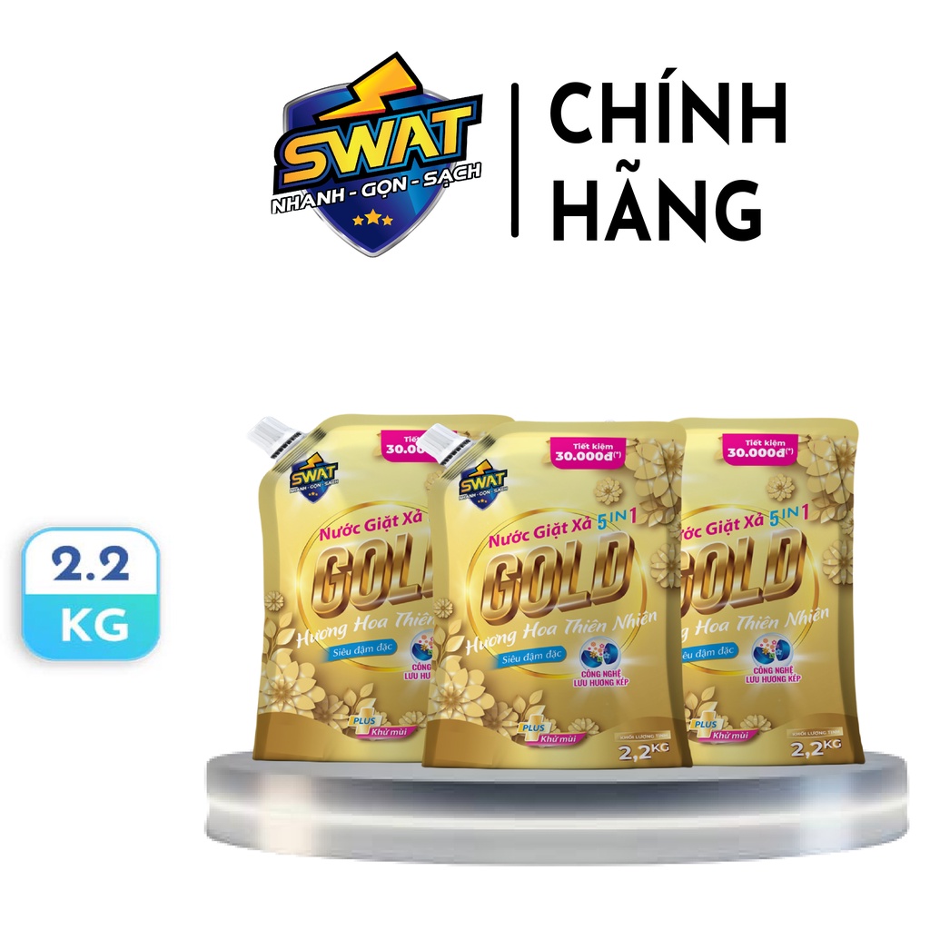 Combo 3 túi Nước Giặt Xả 5 in 1 SWAT Gold hương Coco Mademoiselle sang trọng túi 2.2kg tiện dụng, diệt khuẩn -CLEANHOUSE