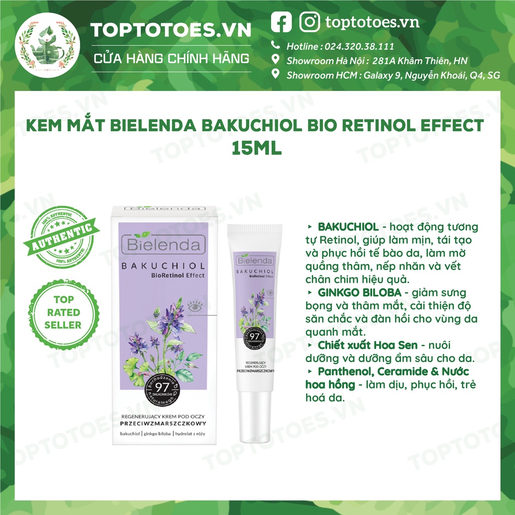 Kem mắt Bielenda Bakuchiol Bio Retinol Effect 15ml dưỡng ẩm, giảm nhăn, thâm mắt