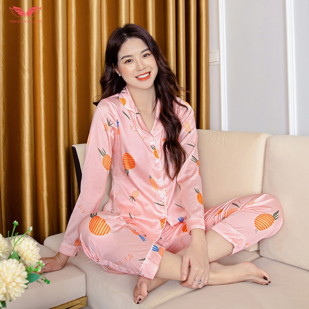 Bộ ngủ lụa cao cấp áo dài quần dài kiểu dáng Pijama họa tiết lông vũ từ VINGO H265
