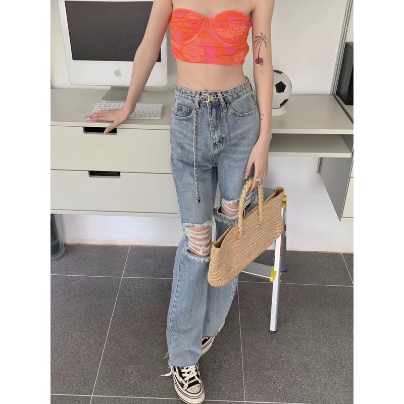 Jiashucheng Quần Jean Dài Rách Gối Phong Cách Retro Cá Tính Dành Cho Nữ