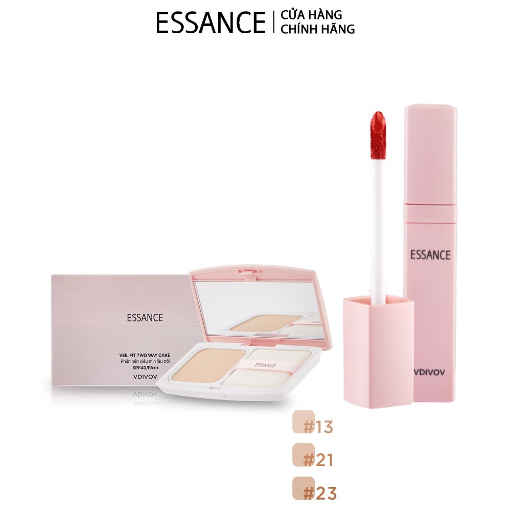 Combo Phấn nền siêu mịn lâu trôi Essance Veil Fit Two Way Cake SPF40/PA++ 7g và Son Kem Soft Lip Liquid 3g màu RD44