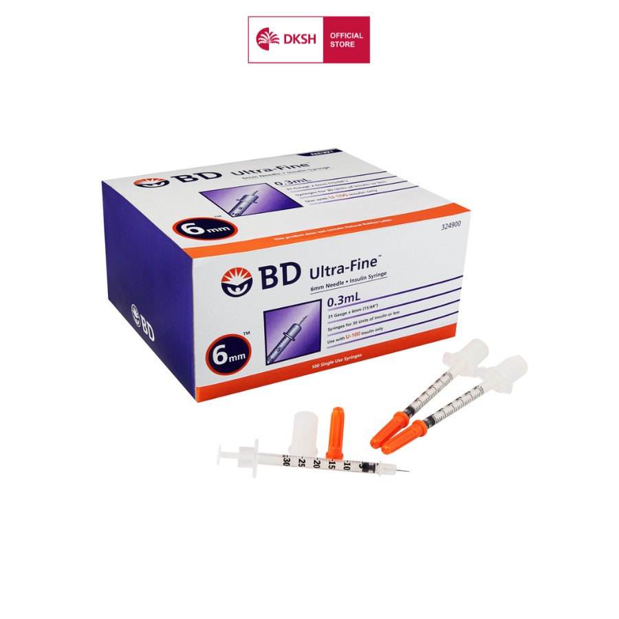 Bơm tiêm insulin BD Ultra-Fine™ 6mm, 0.3cc 31G dành cho người điều trị tiểu đường, hộp 10 túi (10 cây/túi)