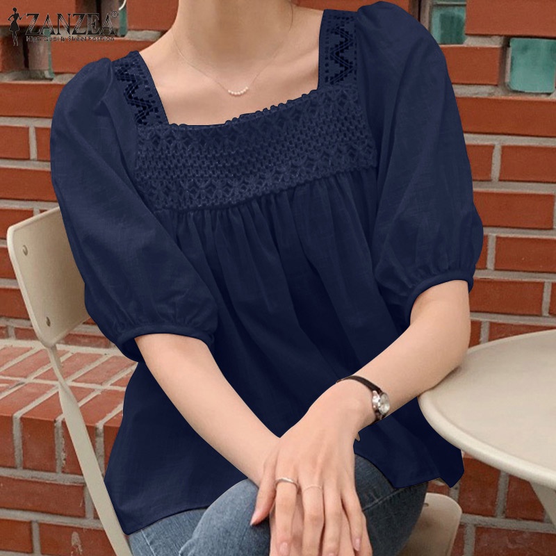 Zanzea Áo Kiểu Tay Phồng Cổ Vuông Xếp Ly Thời Trang Hàn Quốc Dành Cho Nữ