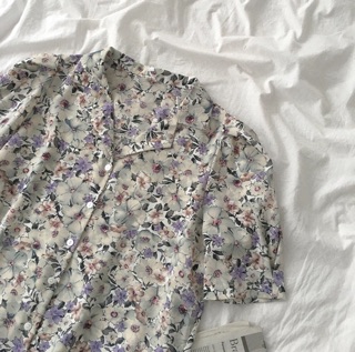 Áo kiểu vintage hoa tím tay bồng (hình thật)