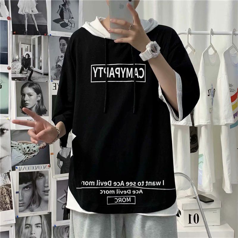 Áo hoodie giả hai lớp tay ngắn dáng rộng thời trang mùa hè cho nam giới
